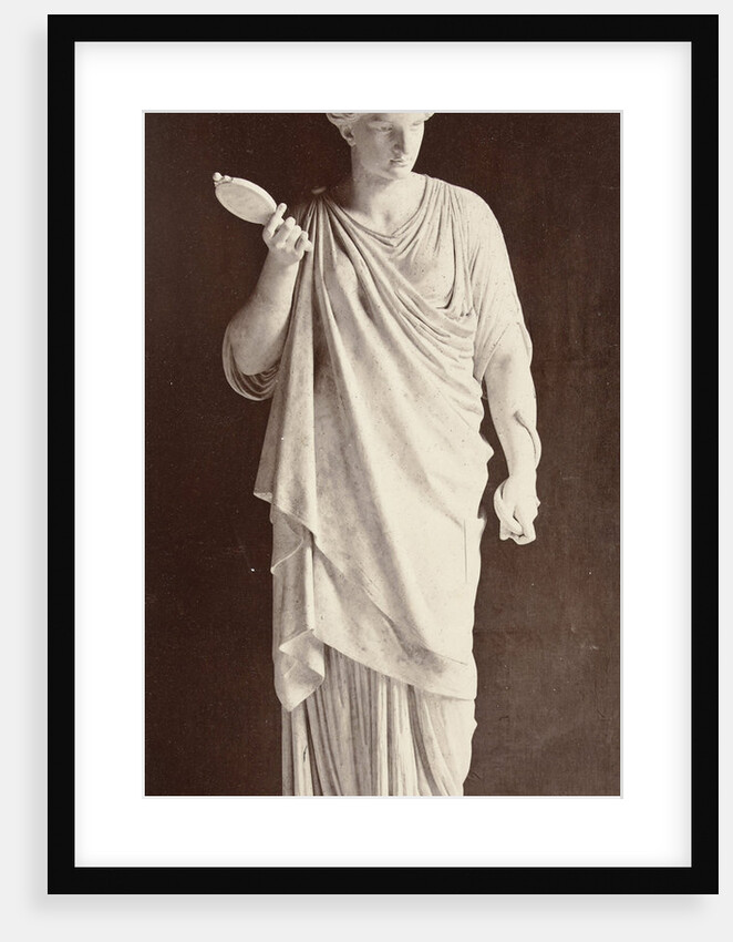 Marble statue of a woman in a high-necked dress with a mirror in her right hand, a snake in his left hand by Louis-Emile Durandelle