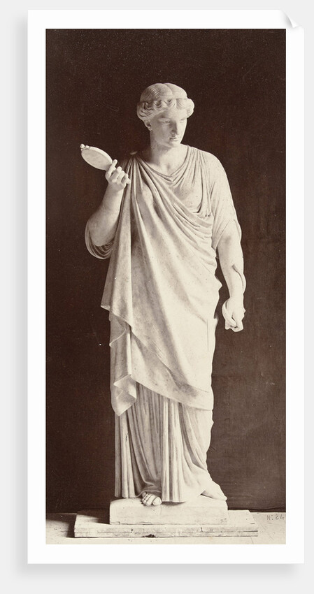 Marble statue of a woman in a high-necked dress with a mirror in her right hand, a snake in his left hand by Louis-Emile Durandelle