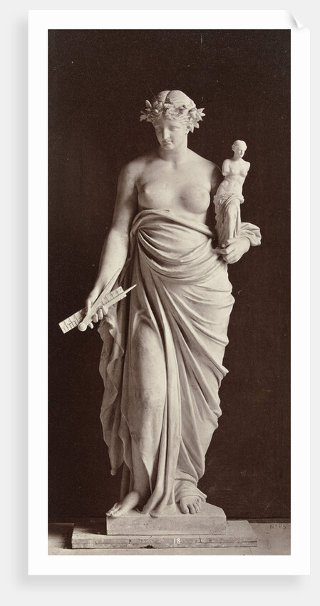 Marble statue of a woman holding in her left hand a picture in her right hand she carries a compass and a ruler by Louis-Emile Durandelle