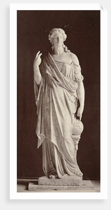 Marble statue of a woman in high-necked dress, with her right hand pointing at a globe and her left hand pointing in the air by Louis-Emile Durandelle