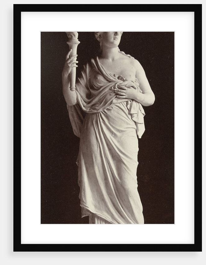 Marble statue of a woman in robe with a bare chest, in her hand she carries a torch by Louis-Emile Durandelle