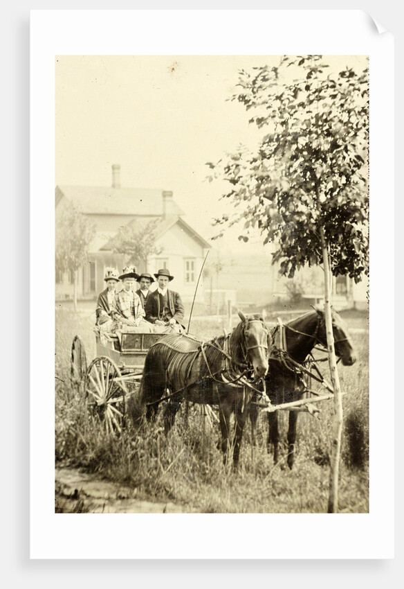 Two men and two women in a carriage with two horses before, against the backdrop of a wooden house by Anonymous