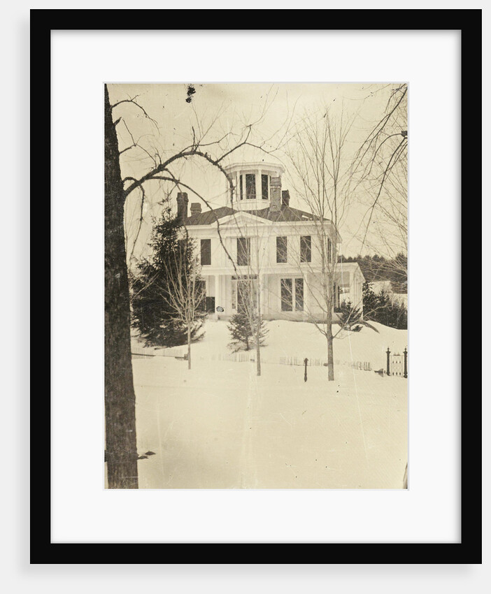 View of a wooden house (with turret or widow's walk or predatory walk) in the snow by Anonymous