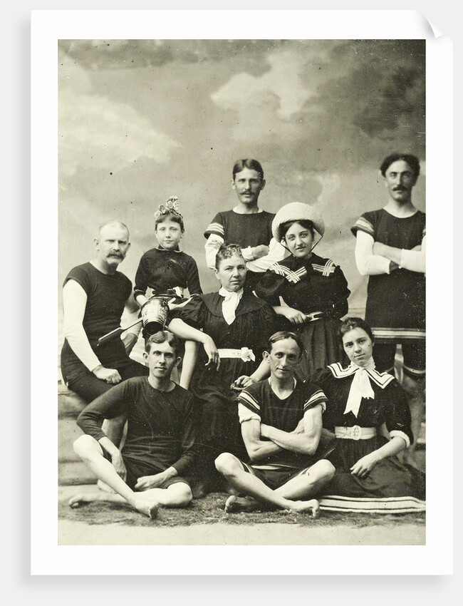 Group portrait of five men, three women and a girl in swimwear for a painted background with a cloudy sky by Christoph Martin Wieland