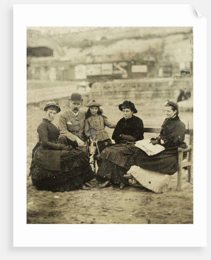 Three women, a man and a girl on the beach by Anonymous
