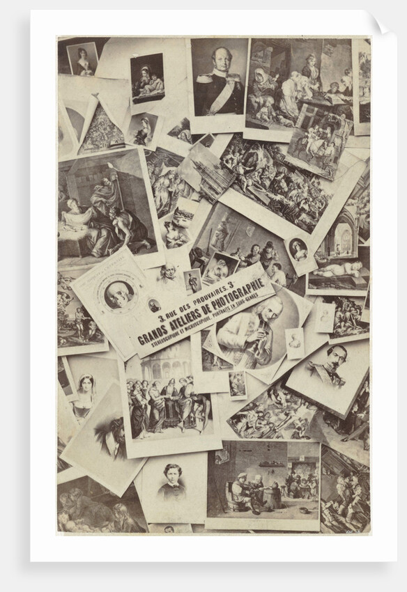 Composition of prints, with a piece of text with the address of the photographer by Jules Raudnitz