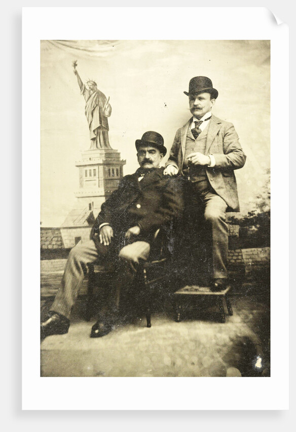 Portrait of two men for a painted backdrop with the Statue of Liberty in New York, USA by Anonymous