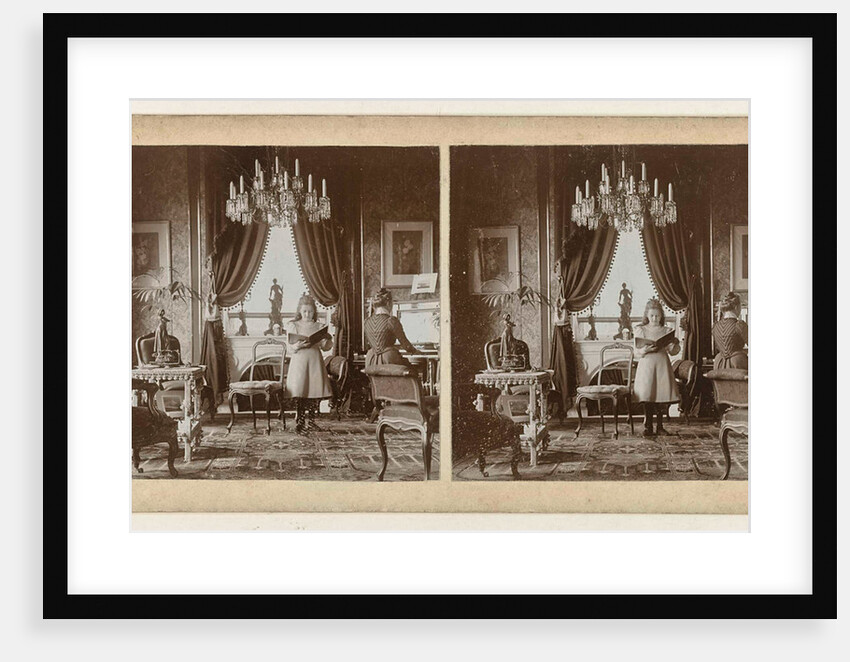 Interior of the family De Schampelaere, Ghent, Belgium, with a woman playing the piano and a girl by Oswald De Schampelaere