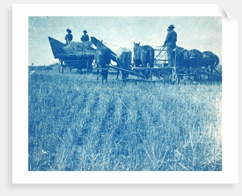 Farmers with a combine harvester pulled by horses by Anonymous