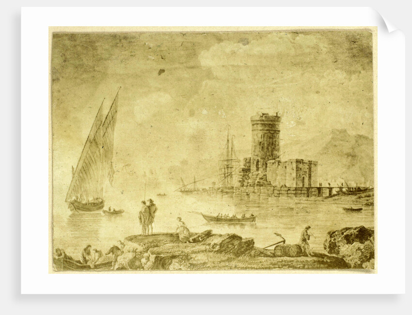 Drawing 'La mer calme with ship on calm water by Eduard Isaac Asser