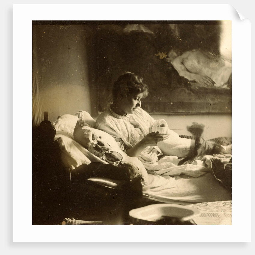 Marie Jordan dressed sitting in bed with a cup in her hands by George Hendrik Breitner