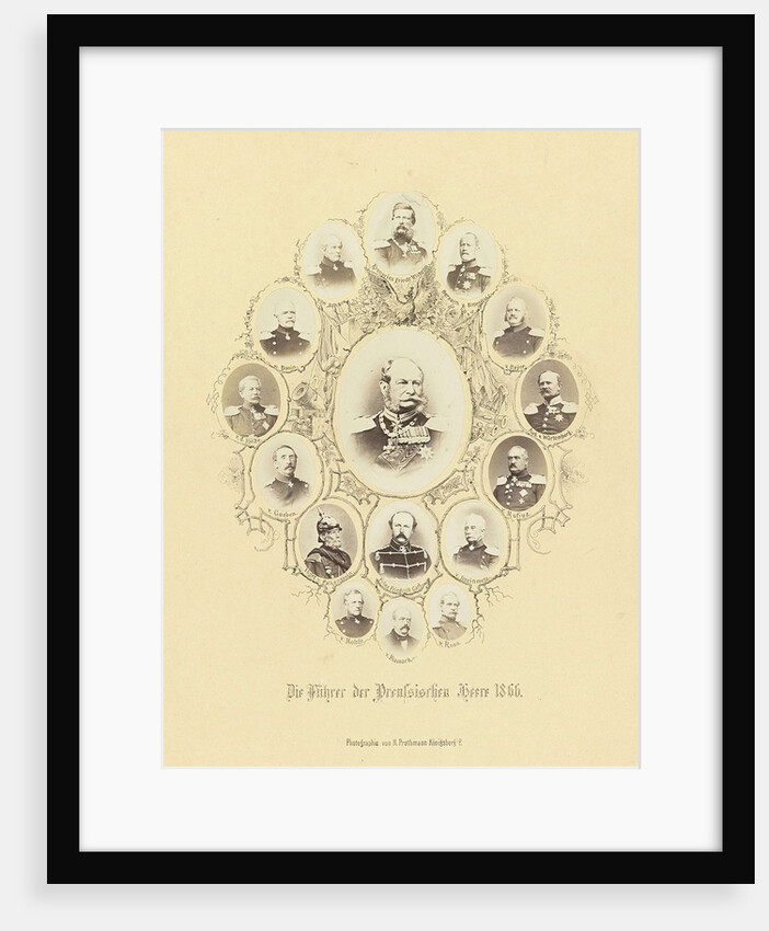 Portrait of King Wilhelm I of Prussia, surrounded by smaller portraits of Bismarck and his generals by H. Prothmann