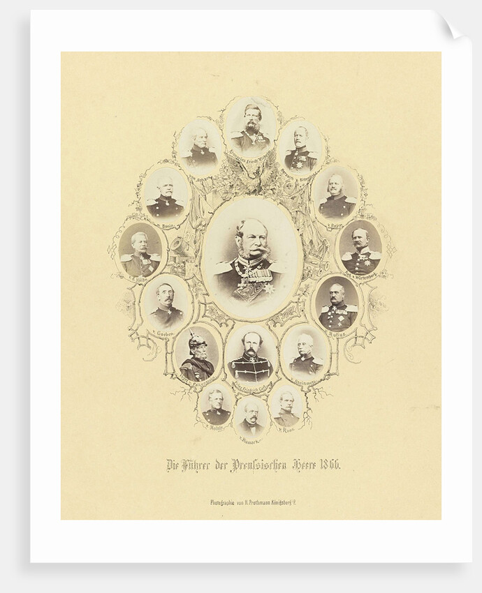 Portrait of King Wilhelm I of Prussia, surrounded by smaller portraits of Bismarck and his generals by H. Prothmann