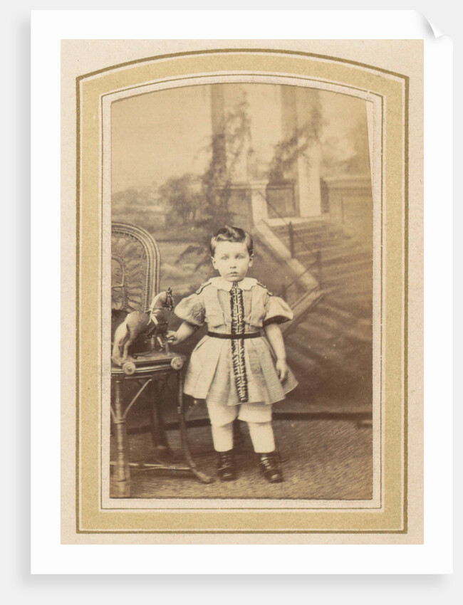 Portrait of a little girl in a dress with a toy horse by Franz Wilhelm Deutmann