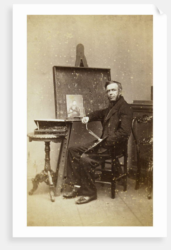 Portrait painter sitting near an easel with a portrait, palette and brushes, and a paint box on the table (self-portrait Leonard the Koningh?) by L. de Koningh