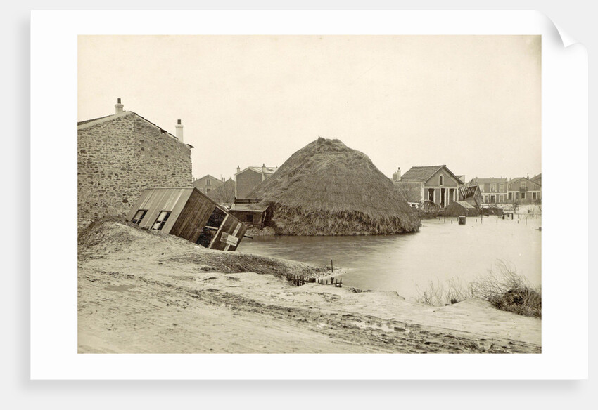 Collapsed haystack and ruined barns and houses in a flooded suburb of Paris by France