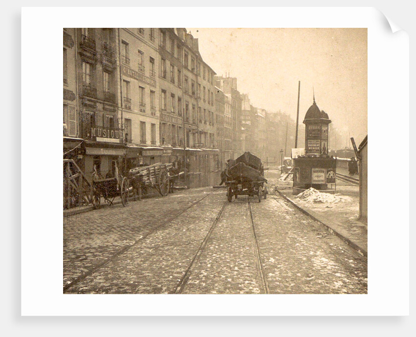 Wood and vessel laden handcarts in a street during the flooding of Paris by France