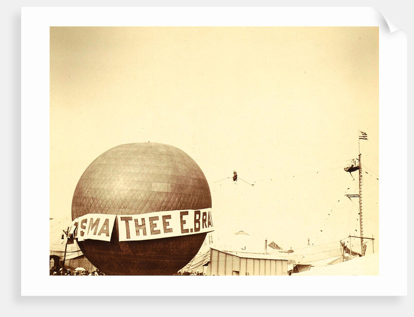 Hot air balloon with advertisements for Tea E Brandsma in the background a tightrope walker over a fairground by Anonymous