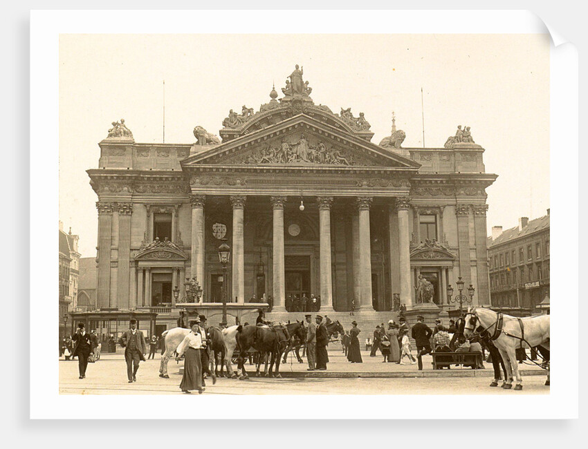 Exterior of the Brussels Stock Exchange with the foreground passersby and horses, seen from Anspach, Belgium by Anonymous