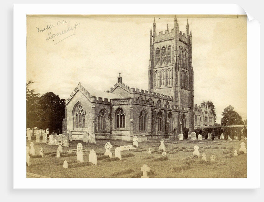 Exterior of the Church of St. Andrew with a graveyard before in Mells by Anonymous