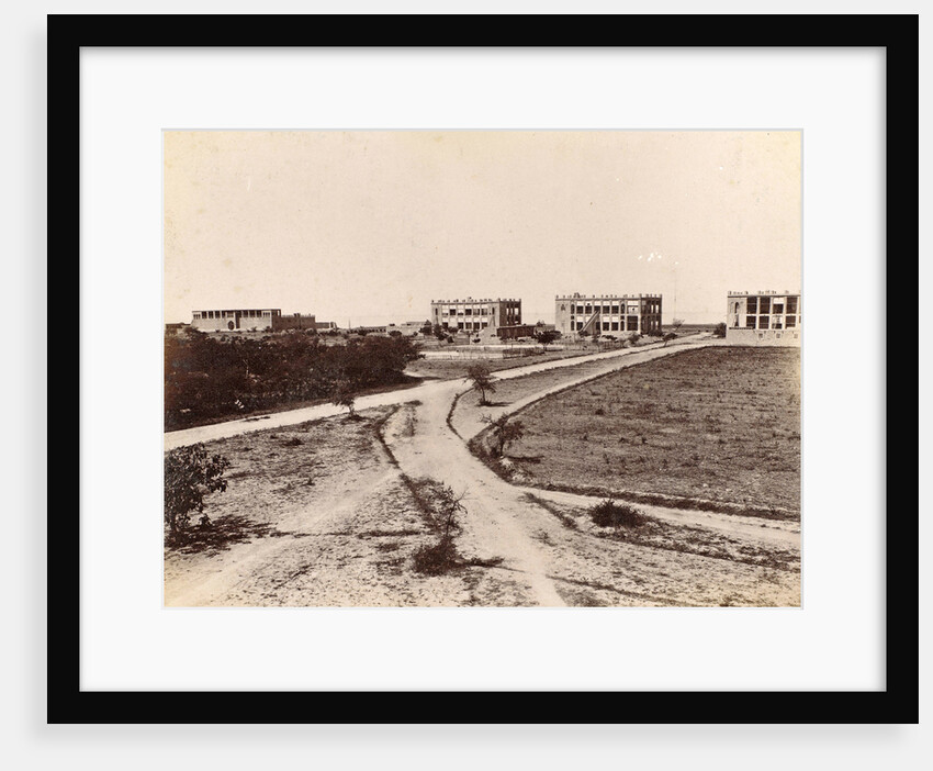 Four buildings along a road in Persia, probably telegraph offices by Antoine Sevruguin