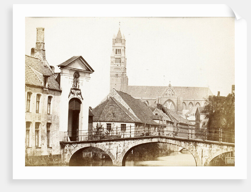 View of a gate, a bridge and a church in Bruges, Belgium by Victor Daveluy
