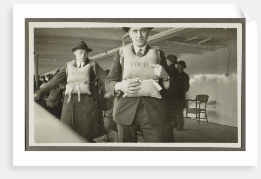 Two men wearing life jackets on board a ship by Anonymous