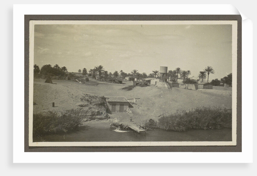 View of a village with a water pool and palm trees on a shore by Anonymous