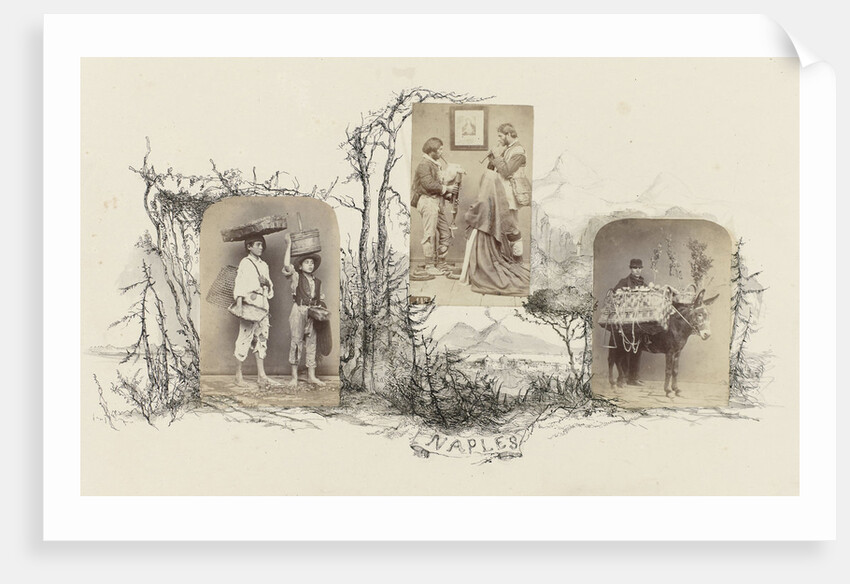 Naples, genre portrait of two boys, carrying baskets lined by drawing coastal landscape with trees, Italy by Anonymous