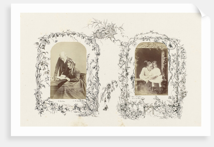 Portrait of Mrs. T. P. and Tom Carter at studio window, bordered by a drawing of flora with fencing and winch by Anonymous