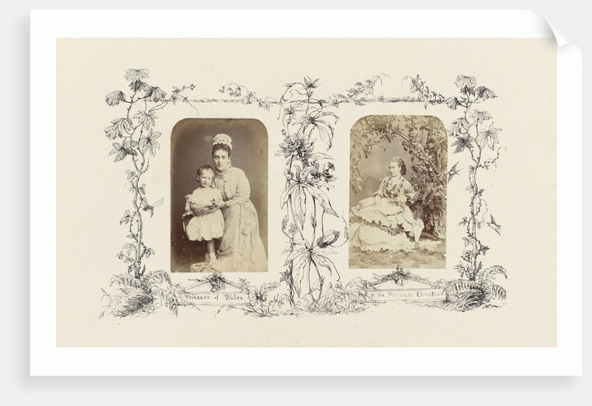 Portrait of Alexandra, Princess of Wales with child, bordered by drawing flora around fencing by Anonymous