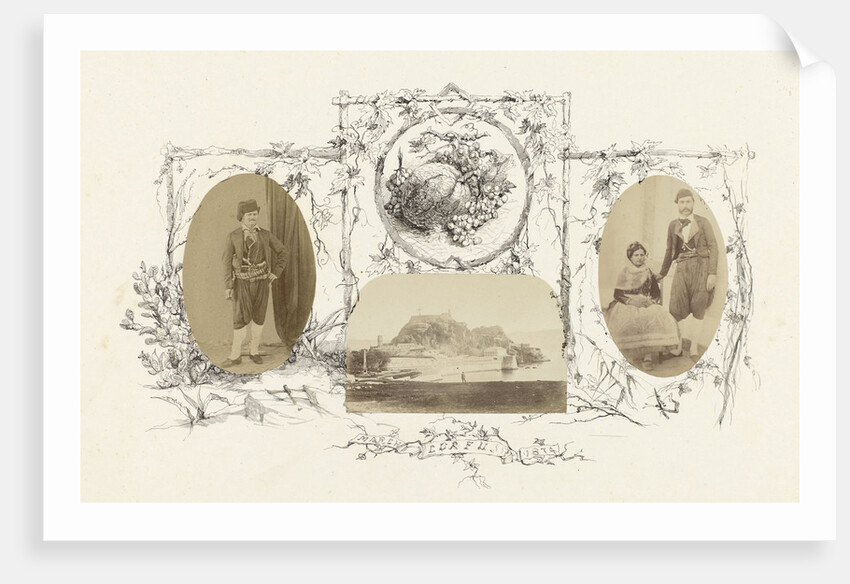 Corfu, portrait of man in costume, surrounded by drawings of flora around branches framework by Anonymous