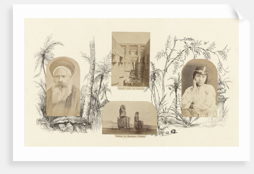 Egypt Colossi of Memnon, Thebes bordered by drawing flora by Anonymous