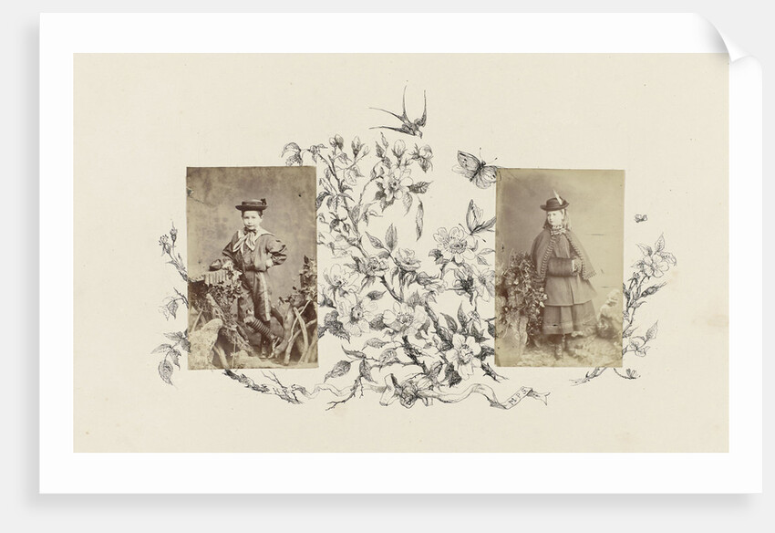 Portrait of M. P. Salmon as a girl in rustic setting bordered by drawing flora by Anonymous