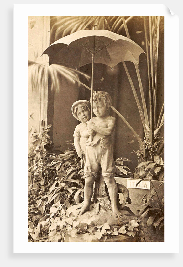Picture of two children under an umbrella in the midst of plants, exhibited at the Paris, France World Exhibition in 1889 by Anonymous