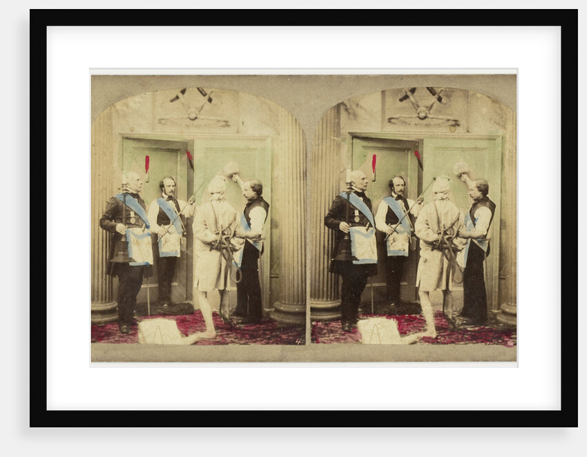 Scene in interior: three Freemasons and bound man by Anonymous