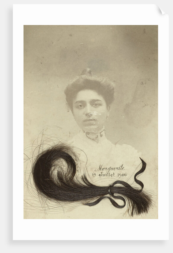 Portrait, memory of a deceased young woman named Marguerite; in the picture is a lock of hair glued by Anonymous