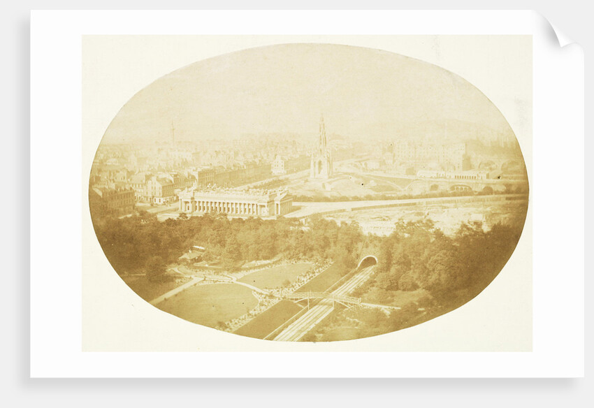 Oval view of Edinburgh, Scotland, with the monument to Sir Walter Scott by John Thomson
