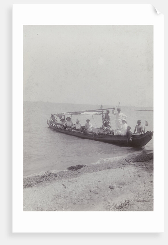 Group men in a boat on the beach in the Dutch East Indies, indonesia by Anonymous