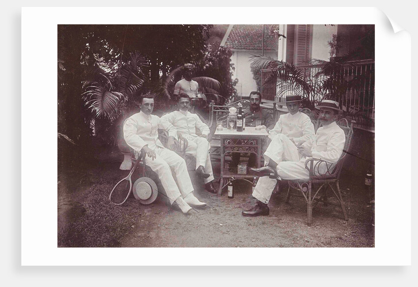 Group of men at the table in front of the porch is verved by Indian man by Anonymous