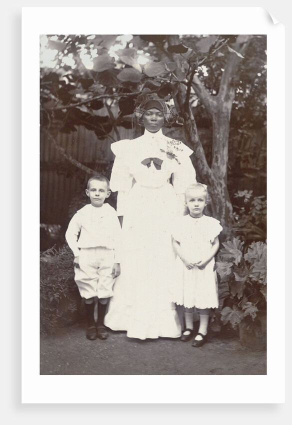 Portrait of Surinamese nanny with two white children by Augusta Curiel