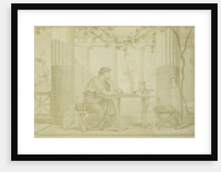 Illustrate Quinti Horatii Flacci Carminum, sitting at table in atrium with winch and amphora by Anonymous