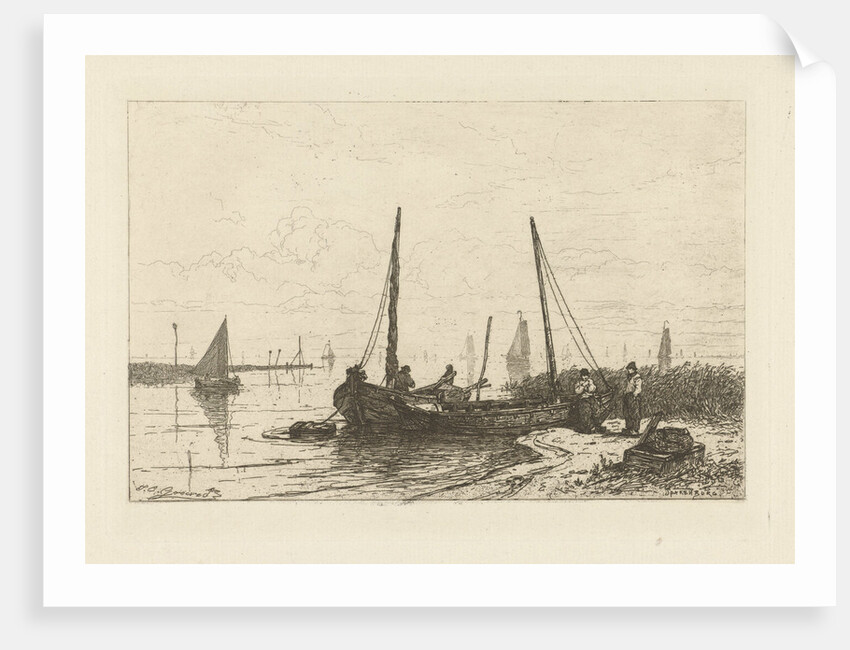 The Zuiderzee. In the foreground, a bank with a fishing boat by Johan Conrad Greive