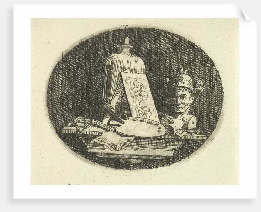 Still life with palette, painting and bust of Mercury by Anthonie van den Bos