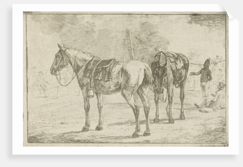 Two saddled horses at an army camp by Dirk Langendijk