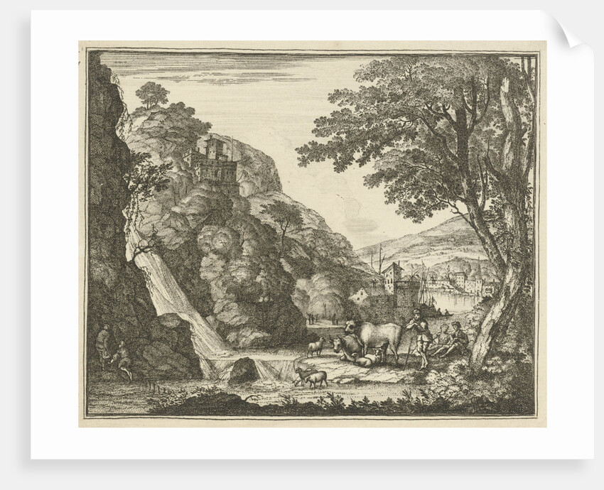 Shepherd with animals at a waterfall by Gerard Melder