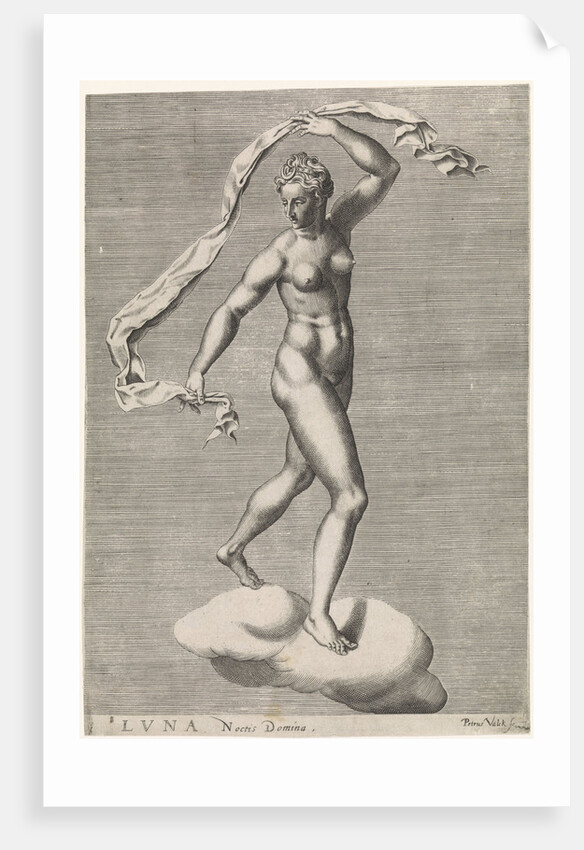 Diana as the moon goddess Luna on a cloud, the moon on the forehead, from a series of prints with planets by Pieter Valck