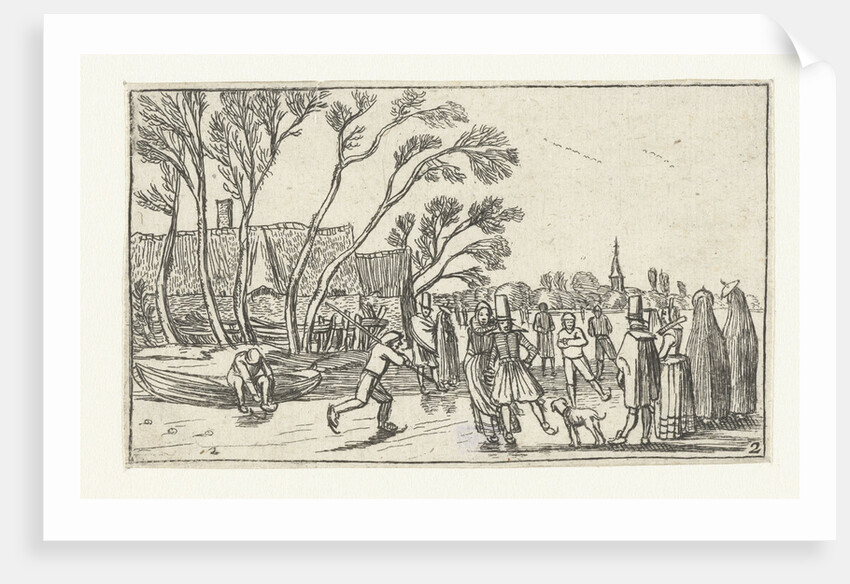 Skaters on the ice at a farm by Claes Jansz. Visscher II
