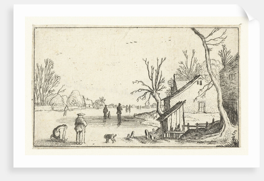 Farm with frozen river with skaters on the ice by Claes Jansz. Visscher II