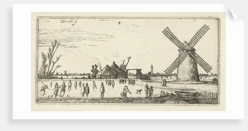 Skaters on the ice at a mill near Penningsveer by Esaias van de Velde